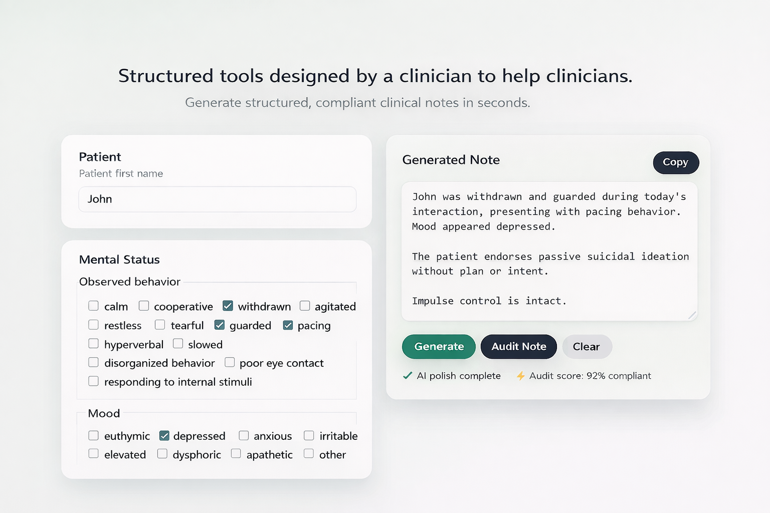 Cognitiative™ clinical documentation interface showing structured checkboxes, mood selection, and a generated clinical note with compliance scoring